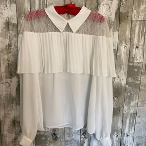 NWT Laundry by Shelli Segal white lace cold shoulder collar long sleeve blouse L